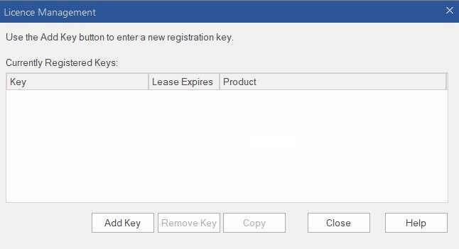 Licence Management window – Add Key button highlighted