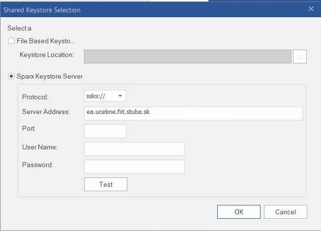 Shared Keystore Selection window – Server Address and OK highlighted