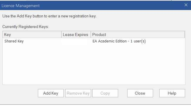 Licence Management window – registered Shared Key, Close button highlighted