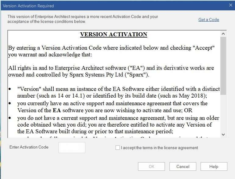 Version Activation Required window – activation code field and license agreement checkbox highlighted